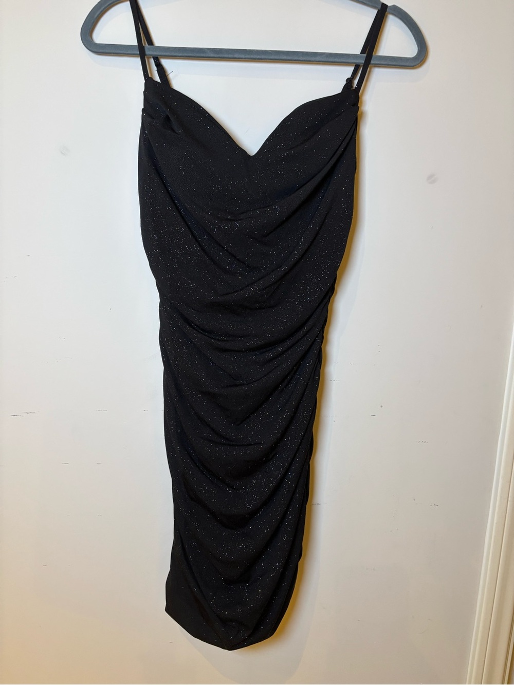 Windsor Black Sparkle Ruched Midi Dress with Spaghetti Straps